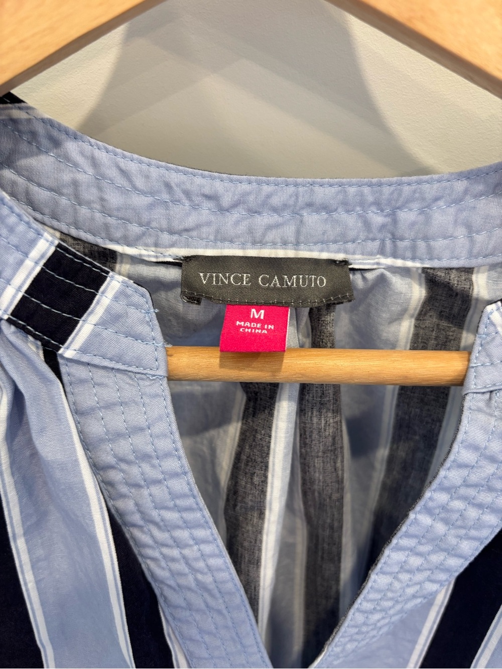 Vince Camuto Light Blue and Black Striped Puff-Sleeve V-Neck Blouse - Picture 4 of 5